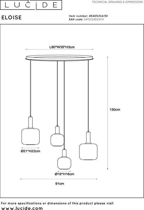 Actual product image Lucide hanglamp 4xe27 bruin/zwart glass (E27)