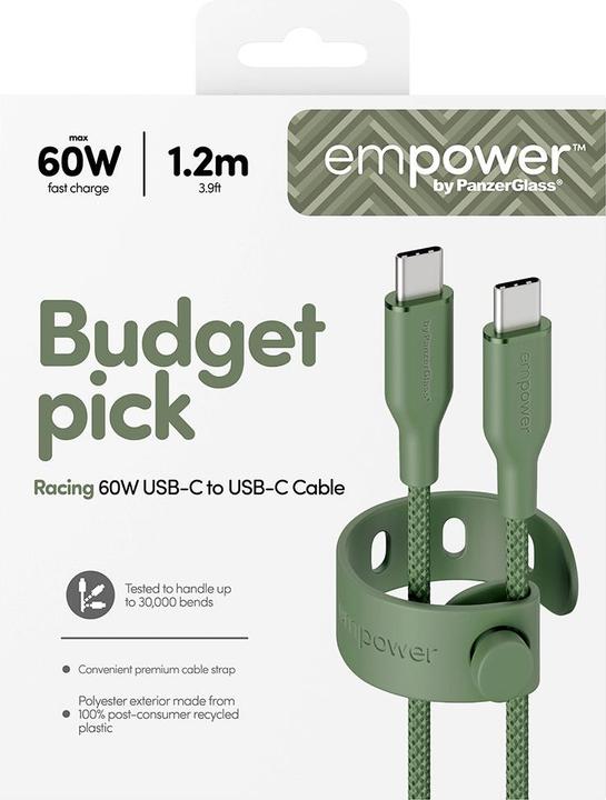 Actual product image PanzerGlass empower™ by ® Racing 60W USB-C to USB-C Cable | USB 2.0 | 1.2M | Sage (1.20 m, USB 2.0, 60 W)