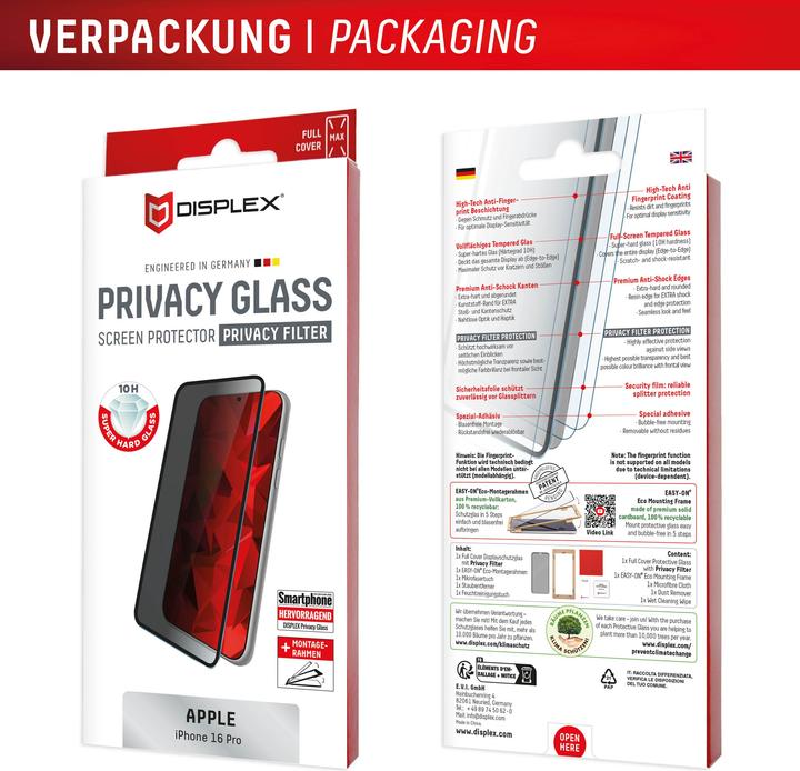 Produktbild Displex Privacy Glass, Privacy Full Cover Panzerglas (1 Stück, Apple iPhone 16 Pro)