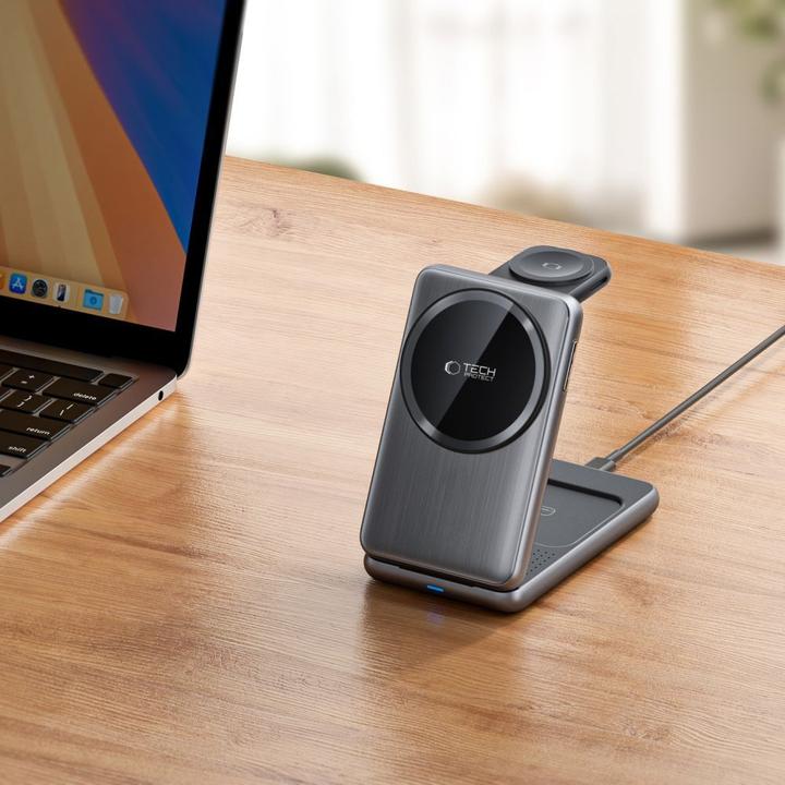 Actual product image Tech-Protect Dock station Universal QI15W-A42 3IN1 MAGNETIC MAGSAFE WIRELESS CHARGER Space Gray (15 W)