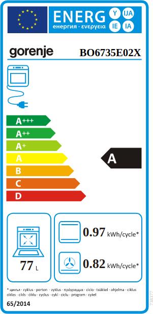 Energy Label Gorenje Oven BO6735E02X 77 L, Multifunctional, EcoClean, Mechanical control, Height 59.5 cm, Width 5