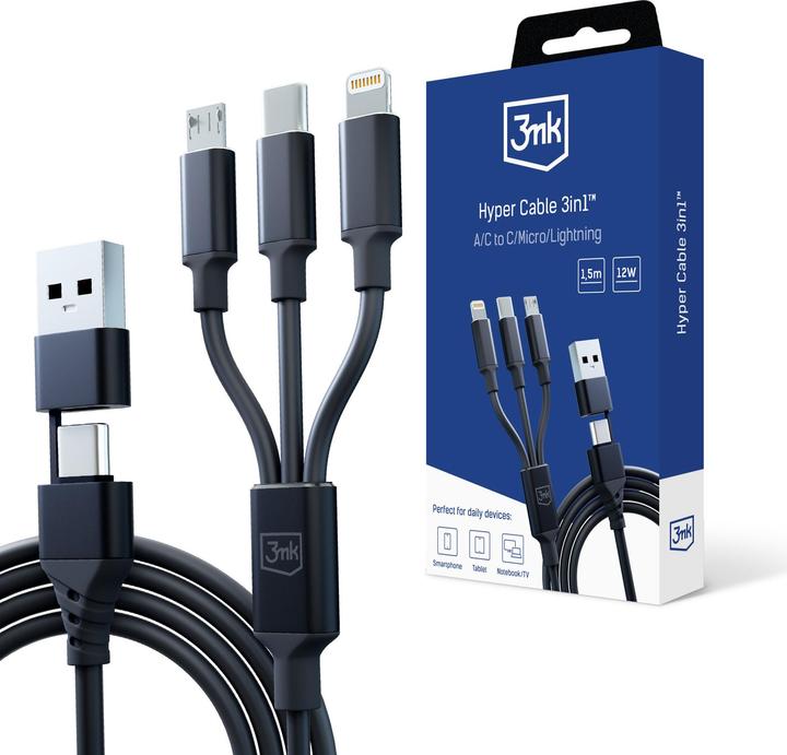 Produktbild 3MK Hyper Cable 3w1 USB-A/USB-C - USB-C/Micro/Lightning 1.5m Czarny/Black Kabel (1.50 m, USB 3.2 Gen 1, 12 W)