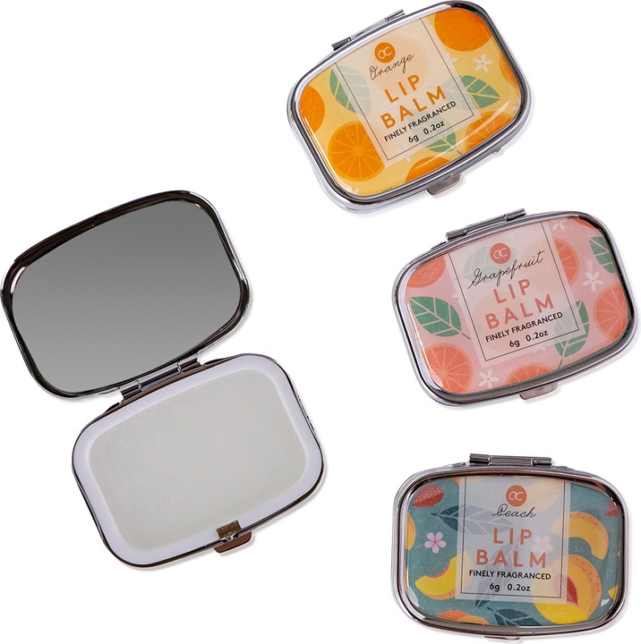 Produktbild Accentra Lippenbalsam ENCHANTED FRUITS in Dose mit Spiegel im Deckel, inkl. Geschenkbox, 6g, 3 Motive/Düfte s