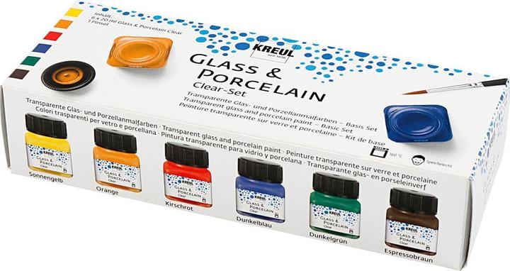 Produktbild Kreul Glass & Porcelain Clear-Set (Dunkelgrün, Kirschrot, Sonnengelb, Espressobraun, Dunkelblau, Orange, 120 ml)