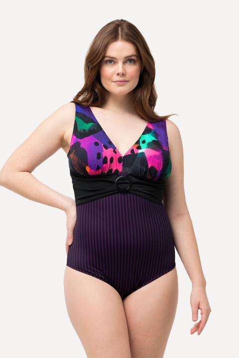 Image du produit Ulla Popken Maillot de bain à imprimé fluo, rayures et bonnets souples. Anneau (62)