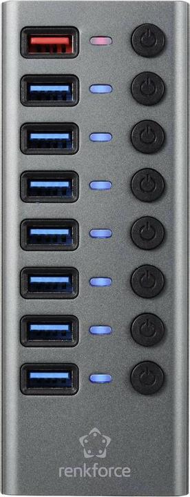 Actual product image Renkforce RF-HUB-380 8 Port USB 3.2 Gen 1 Switch + Hub (USB 3.0) with Aluminium Housing Silver-Sc (USB-A, 8 Ports)