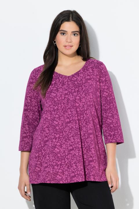 Immagine prodotto Ulla Popken Maglia dal taglio svasato con fiori, pieghe decorative, scollo a V e maniche a 3/4 (46, 48)