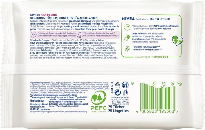Nutritional values and ingredients NIVEA 3in1 Pflegende Reinigungstücher (Facial cleansing wipes, 25 ml)