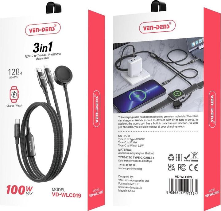 Produktbild Ven-Dens 3-in-1 Flexible USB-C iPhone & Apple Watch Data & Charge Kabel 1.2m (USB 3.2 Gen 1, 100 W)