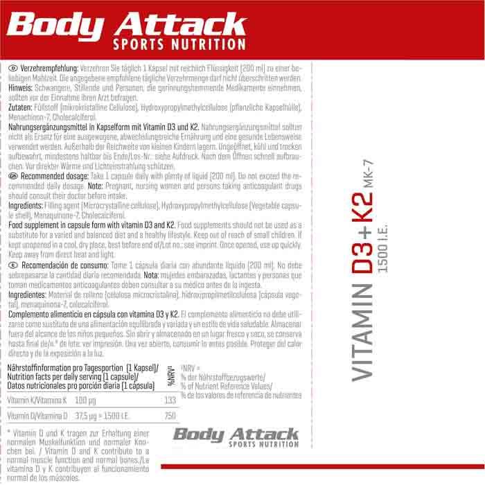 Actual product image Body Attack Vitamin D3 + K2 (30 Piece, Capsules, 16.30 g)