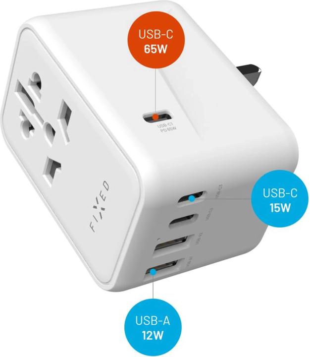 Actual product image Fixed Voyager 65 W travel adapter for EU, UK and USA/AUS, with 3xUSB-C and 2xUSB output, GaN, PD 65W, whit