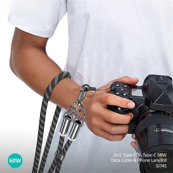 Produktbild Usams Smycz do telefonu z kablem do ładowania SJ745 60W USB-C do USB-C 1.2m czarny (1.20 m, USB 3.2 Gen 1, 60 W)