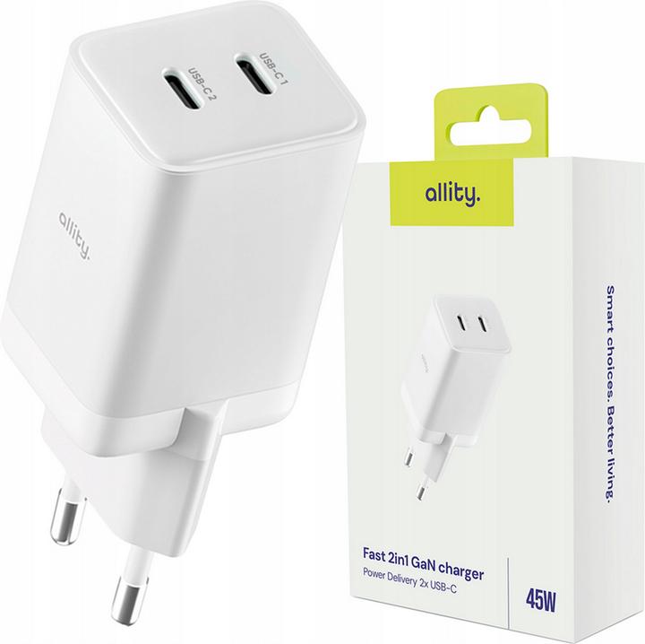 Allity ATC-01-45WCC GaN PD QC charger 2x USB-C 45W white (45 W, 2 Ports)