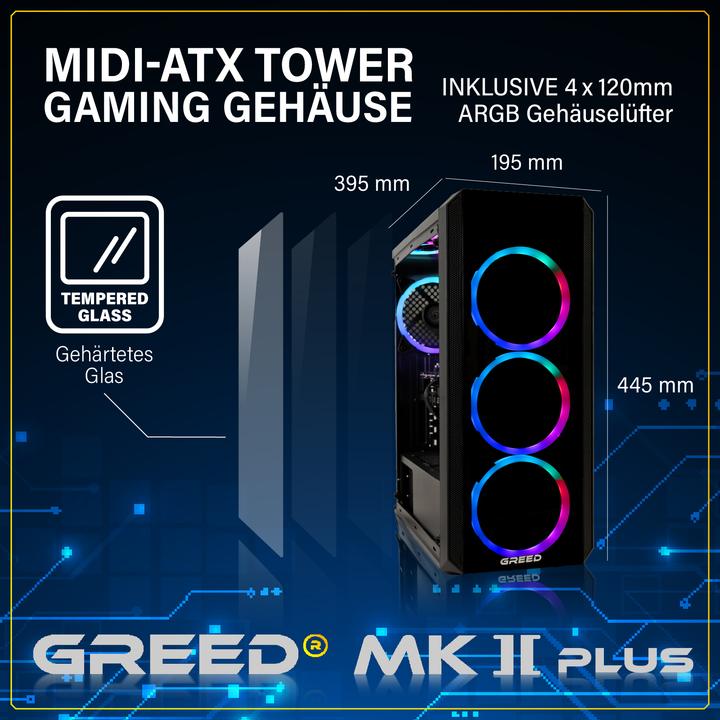 Produktbild Greed MK2 INTEL PLUS - Gaming PC - RX 9060XT (1000 GB, 32 GB, Intel Core i7-12700F, Radeon RX 9060 XT)
