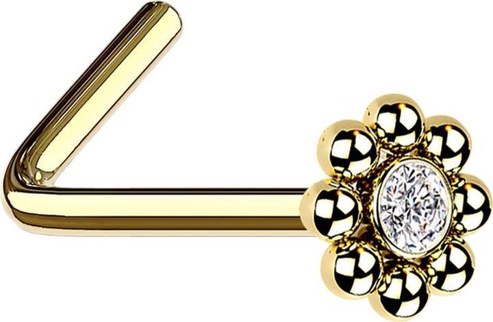 Actual product image Star Piercing Nasenstecker gewinkelt vergoldet Blume mit Kugeln und Kristall (without brass, Surgical steel 316L)