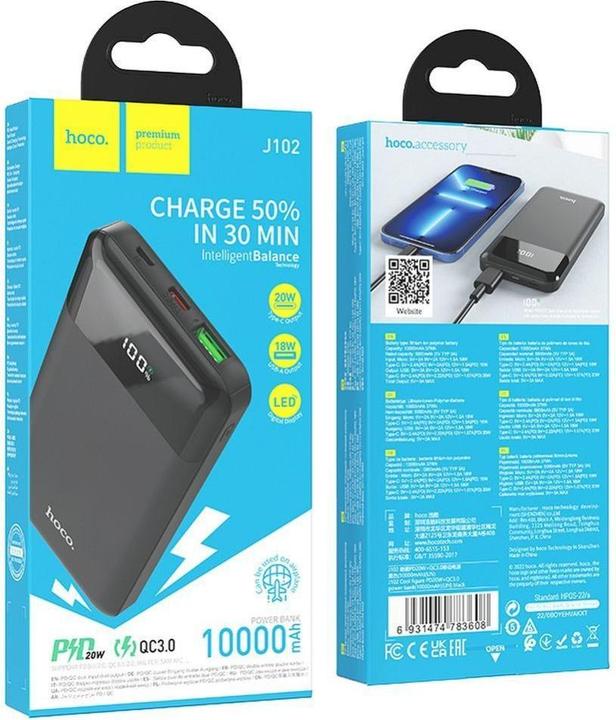 Produktbild Hoco J102, 10000mAh, 20W, QC + PD, Schwarz (10000 mAh, 20 W)