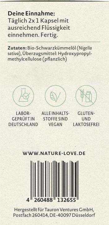 Valeurs nutritives et ingrédients Nature Love Huile de cumin noir (120 pcs, Capsules, 71 g)