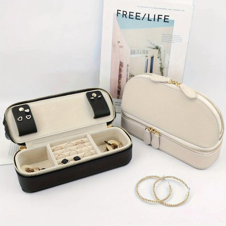 Produktbild Only-Bags.Store Grosse Kapazität Double Layer Makeup Tasche, Schmuck-Box solide Farbe PU-Leder modische Shell-Typ