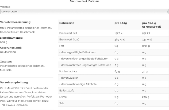 Nährwerte und Zutaten Vast Instant Rice Pudding (900G Dose) (Coconut Cream, 1 Stk., 900 g)
