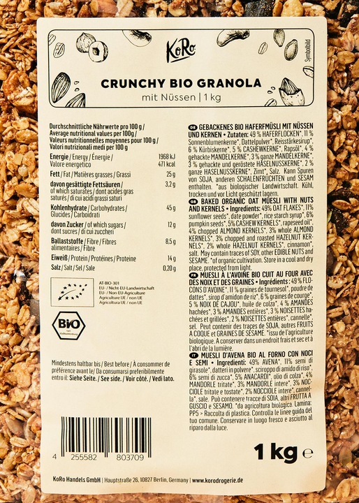 Nutritional values and ingredients KoRo Baked organic oat muesli with nuts and seeds (1000 g)