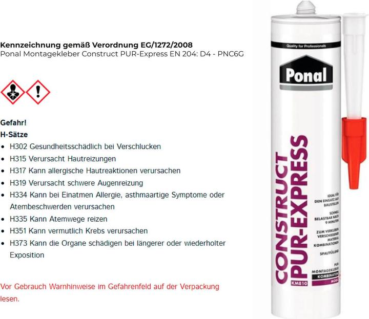 Actual product image Ponal PonalConstruct PUR-Express assembly adhesive 440g cartridge, PNC6G (496 g)