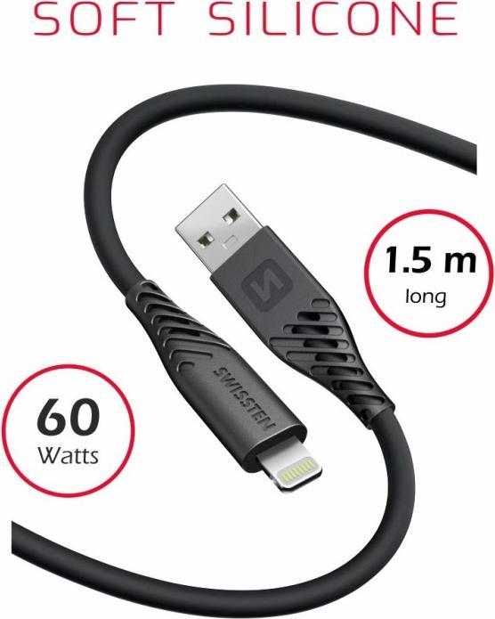 Produktbild Swissten Data Cable Soft Silicone Usb / Lightning 1.5 M 60W Black (1.50 m, USB 3.2 Gen 1, 60 W)