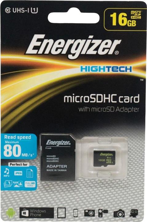 Produktbild Energizer High Tech 16GB Micro SDHC with Adapter Up to 80 MB/sec Up to 10 MB/sec (16 GB, microSDHC)