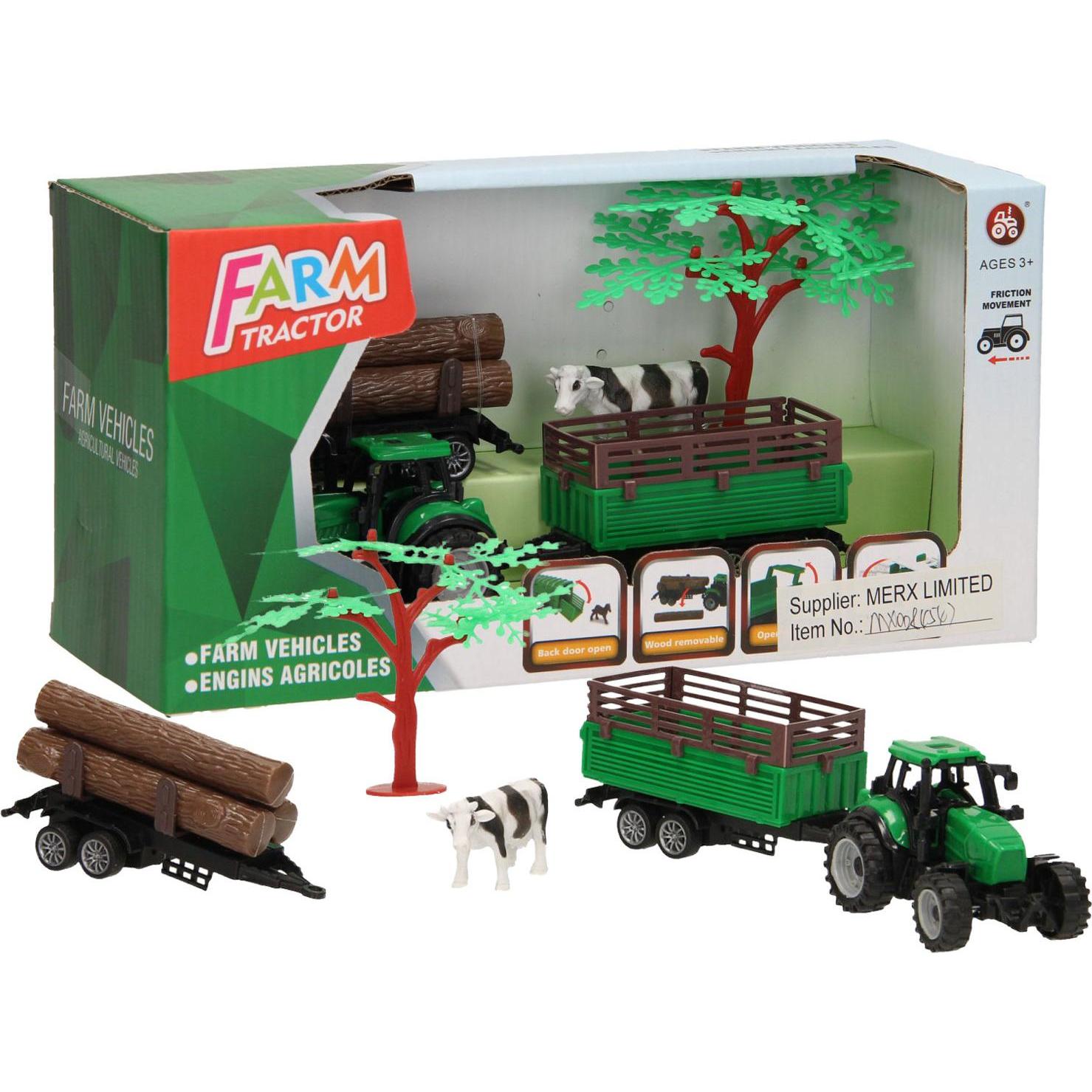 Lobbes Traktor mit Anhänger, Baumstämmen und Kuh