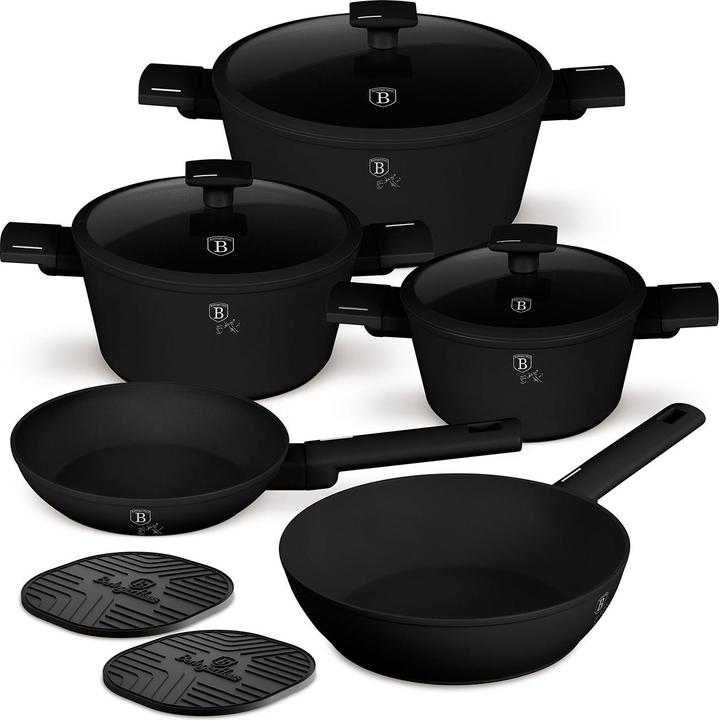 Produktbild BerlingerHaus Design Kochset inkl. Untersetzer, 10-teilig, mattschwarz (20 cm, Bratpfanne, Kochtopf, Aluminium)