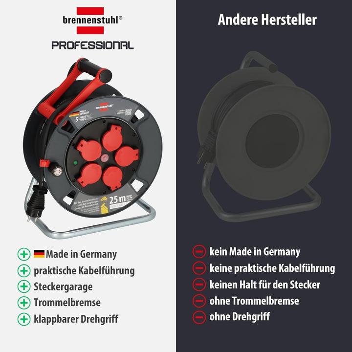 Produktbild Brennenstuhl 9232250100 Kabeltrommel 25 m Schwarz Schutzkontakt-Stecker (25 m, 2.50 mm²)