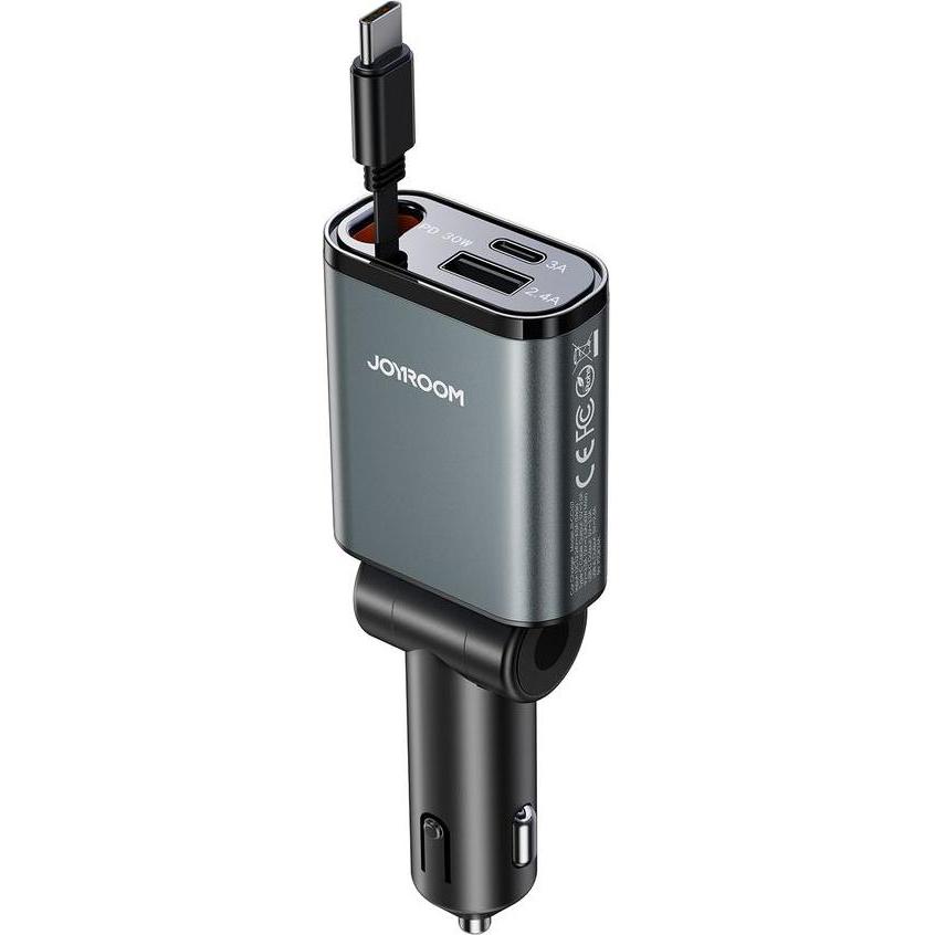 Joyroom 3-in-1 Car Charger with Retractable USB-C Cable, Auto Adapter