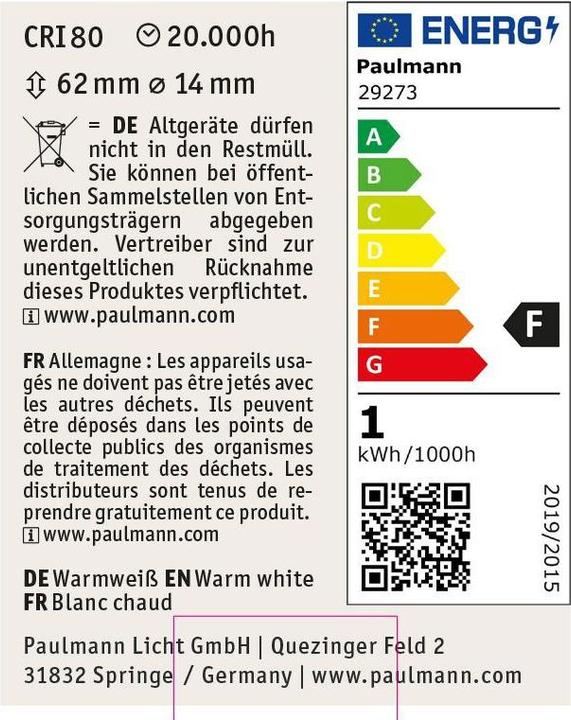 Etichetta energetica Paulmann Outdoor Plug & Shine Leuchtmittel 3er Set Naima (Connettore a bassa tensione da 5,5 mm/2,5 mm, 100 lm, 3x)