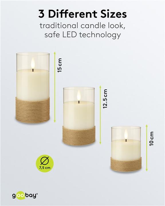 Actual product image Goobay 3er-Set LED-Echtwachs-Kerzen im Glas, weiss, mit Hanf umwickelt (3 x)