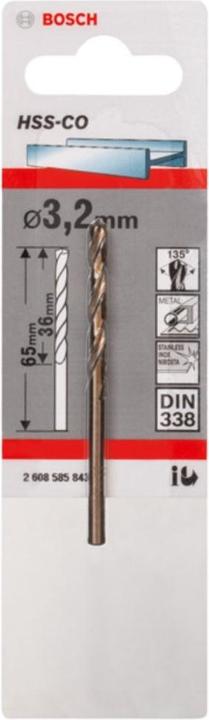 Produktbild Bosch Professional Zubehör Metallbohrer HSS-Co, DIN 338, 3,2 x 36 x 65 mm, 1er-Pack (2 mm)