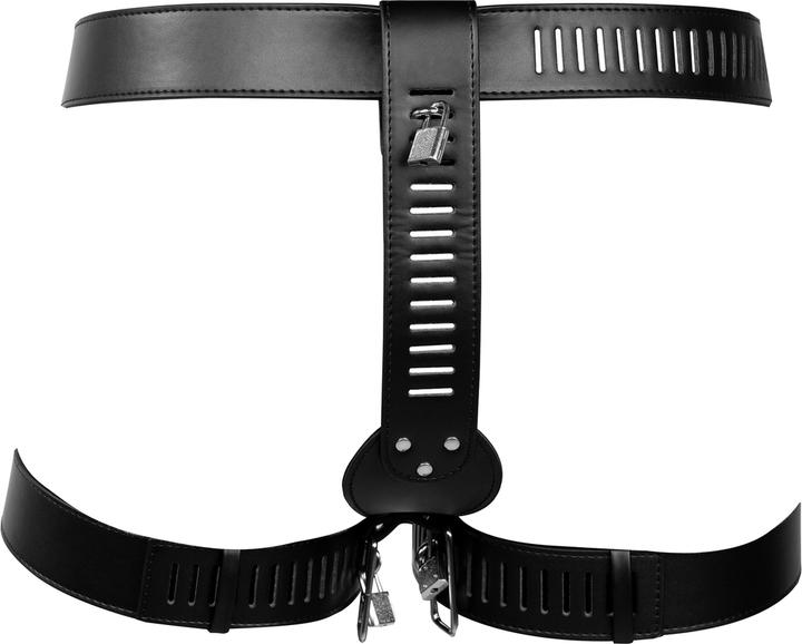 Produktbild Ouch! PU Leather Female Chastity Belt with Leg Restraint - Black