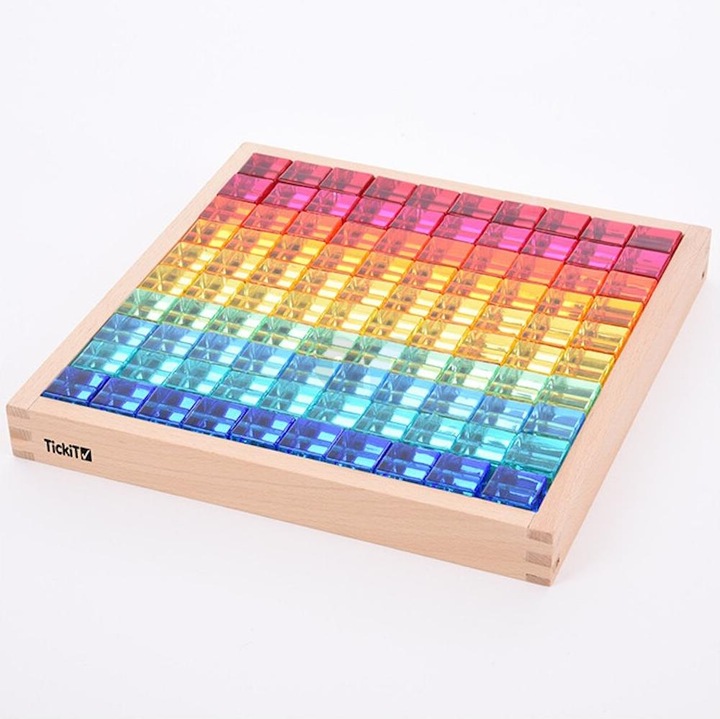 Produktbild TickiT Set mit 100 farbigen und Transparente Acryl-Würfel und einem Spiegelkasten aus Holz