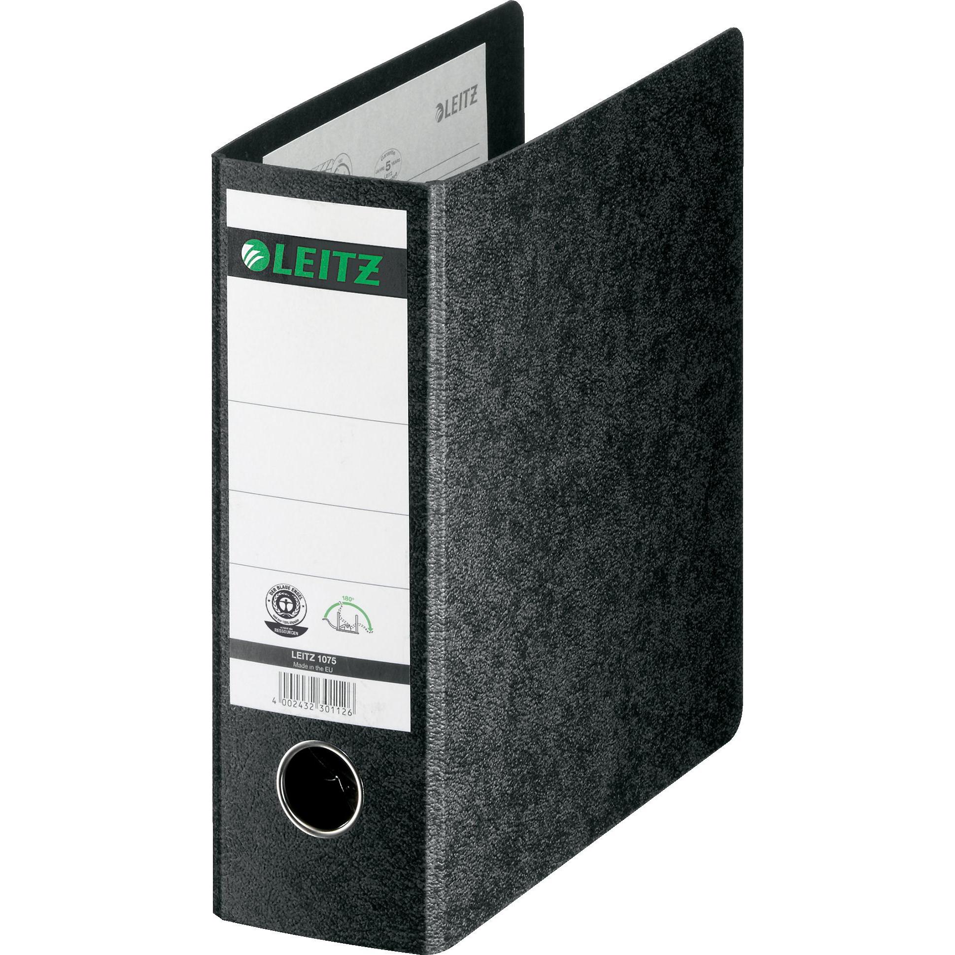 Leitz, Ordner, Hartpappe-Ordner, 180 Grad, DIN A5, 77 mm, schwarz Einband aus Hartpappe, mit aufgeklebtem Rüc (A5, 77 mm...