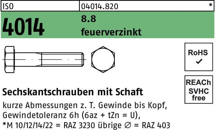 Produktbild Sechskantschraube ISO 4014 m.Schaft M 16 x 90 8.8 feuerverzinkt (25 Schrauben pro Stück)