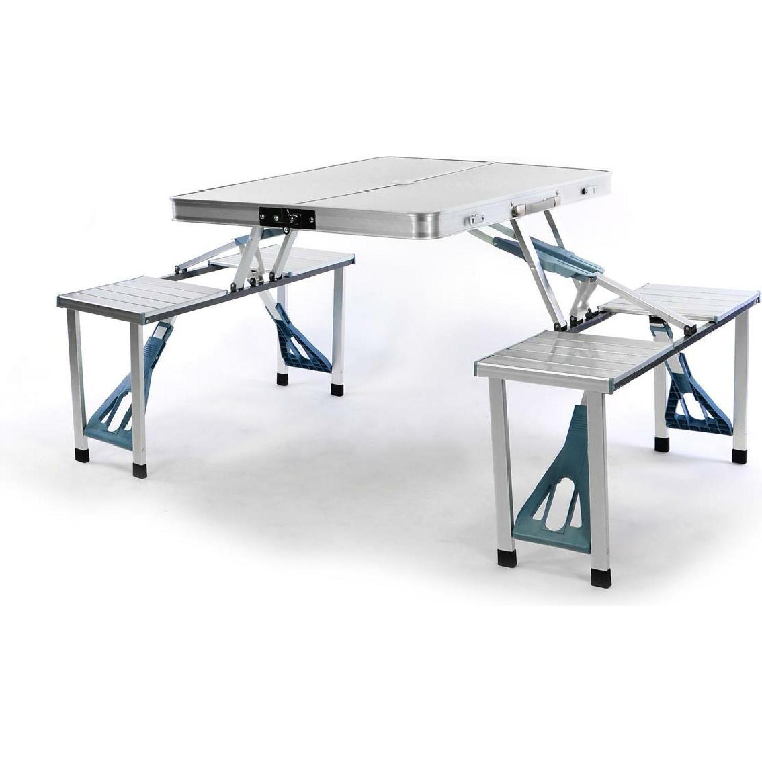 VCM, Gartentisch + Balkontisch, Sitzgruppe Camping Alu Tisch mit 4 Hocker Stuhl Party klappbar (67 cm)