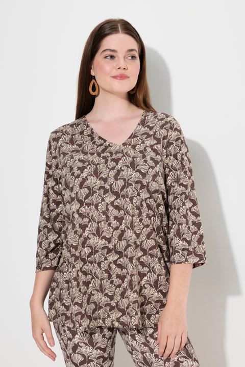 Actual product image Ulla Popken Eco Cotton Leaf Print 3/4 Sleeve Tee (50, 52)