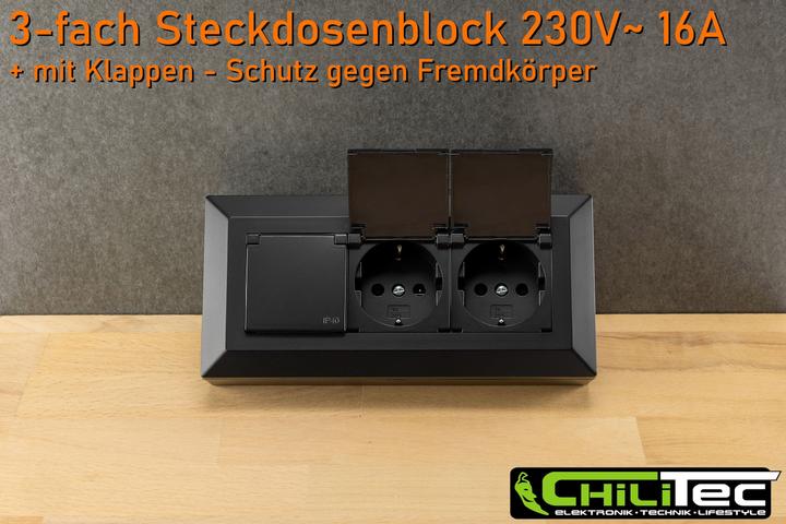 Produktbild Chilitec Steckdosenblock 23933, 3-fach, mit Schutzklappen, 250V/16A, schwarz (3x, CEE 7/3)