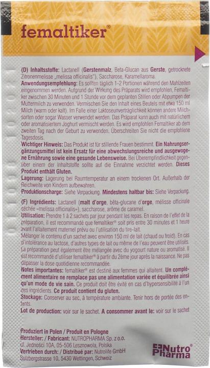 Nutritional values and ingredients Femaltiker Food supplements (12 pcs., Beutel, 139 g)