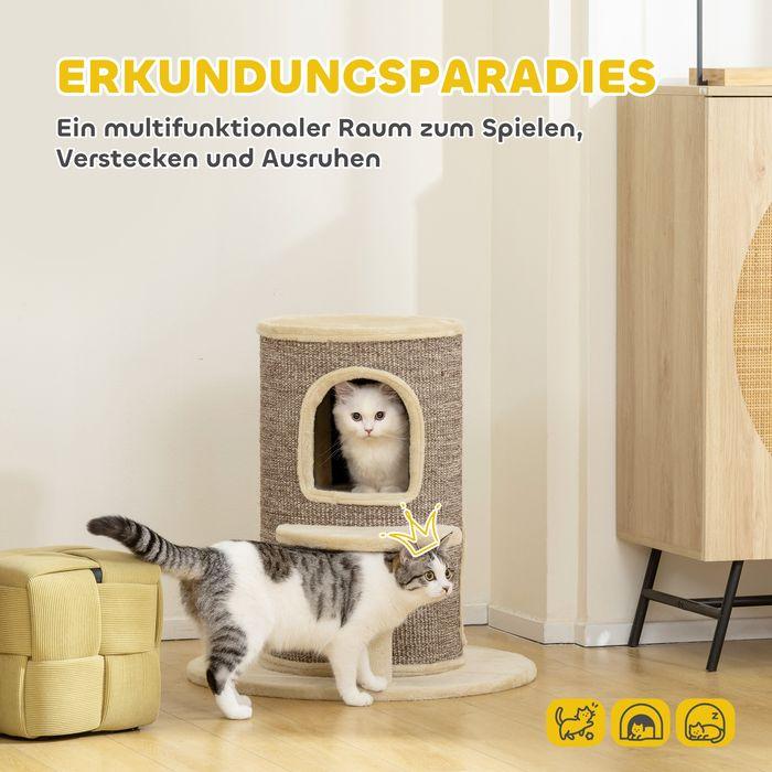 Produktbild Swisshandel24 Katzenfass, 2 Ebenen, Plattform, Aussichtspunkt, Kratzmatte, Beige (61 cm, Beige+Braun)