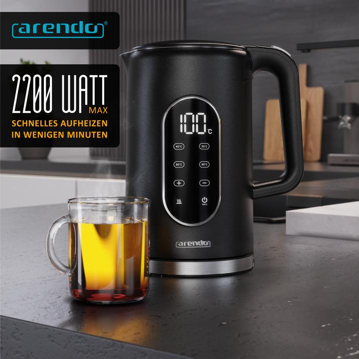 Produktbild Arendo Wasserkocher aus Edelstahl 1,7 L, Temperatureinstellung 40–100 °C mit Anzeige, Teekocher 2200 W (1.50 l)
