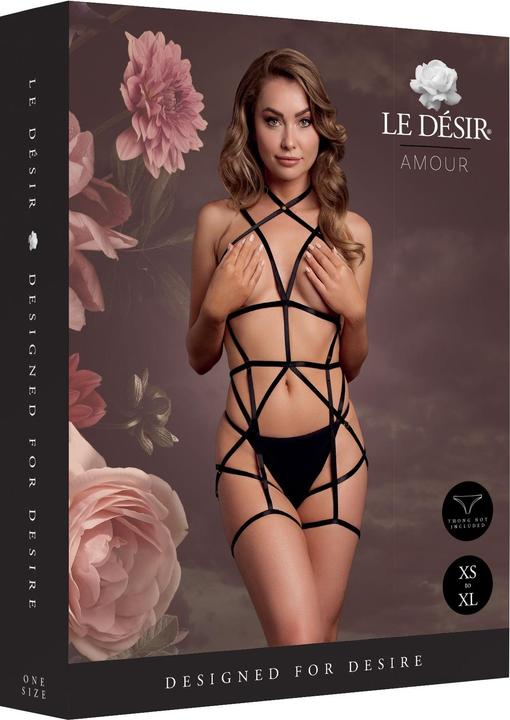 Actual product image Le Désir Strappy Open Cup Body Harness with Garters - One Size - Black (One size)