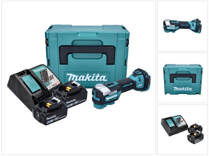 1x Makita DTM 52 cordless multifunction tool, 2x Makita BL 1850 B 18 V 5.0 Ah battery, 1x Makita DC 18 RC battery charger 18 V, 1x Makita Makpac, 1x universal insert