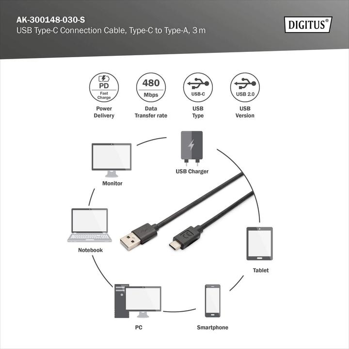 Produktbild Digitus ASSMANN USB Type-C Anschlusskabel Type-C - A St/ St 3,0 m 3A 480MB 2.0 Version CE sw (3 m, USB 2.0)