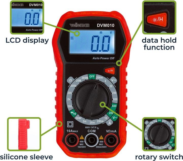 Produktbild Velleman Kompaktes, robustes Digitalmultimeter - CAT III - 600 V - 5 Funktionen (CAT III 300V, CAT III 600V, Hand-Multimeter)