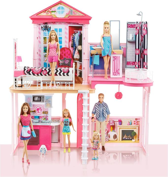 Actual product image Barbie House with accessories 110x92x15 cm, 2-storey, with furniture, pool and 3 dolls, 3+