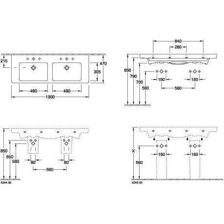Thumbnail - Villeroy & Boch, Waschbecken, V&B Schrank-Doppelwaschtisch SUBWAY 2.0 1300x470mm, mit ÜL we (470 mm, 1300 mm)